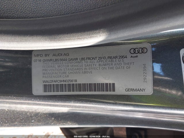 2017 Audi S7 4.0t Premium Plus მანქანა იყიდება აუქციონზე, vin: WAU2FAFC9HN025618, აუქციონის ნომერი: 44313005