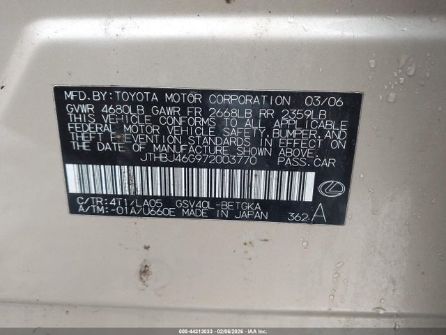 Aukcja sprzedaży 2007 Lexus Es 350, vin: JTHBJ46G972003770, numer aukcji: 44313033