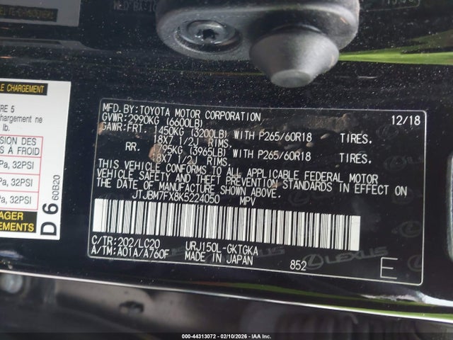 Продаж на аукціоні авто 2019 Lexus Gx 460 Premium, vin: JTJBM7FX8K5224050, номер лоту: 44313072