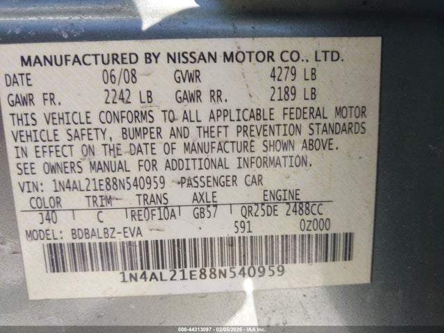 Aukcja sprzedaży 2008 Nissan Altima 2.5 S, vin: 1N4AL21E88N540959, numer aukcji: 44313097