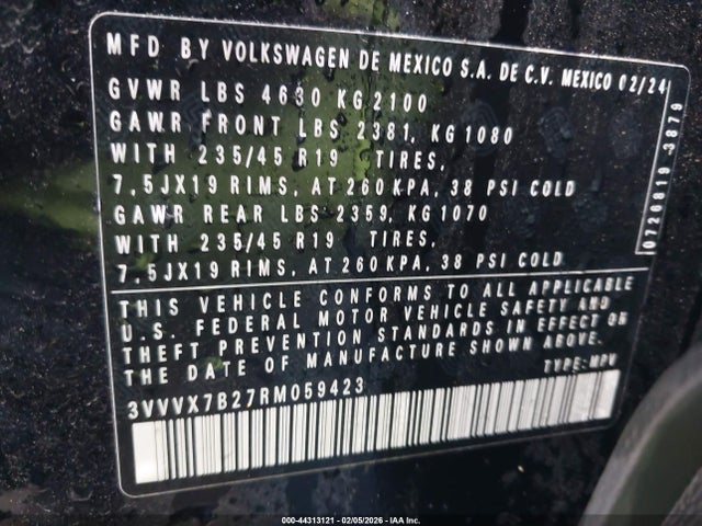 Aukcja sprzedaży 2024 Volkswagen Taos 1.5t Se, vin: 3VVVX7B27RM059423, numer aukcji: 44313121