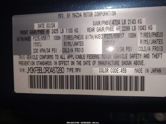 Aukcja sprzedaży 2024 Mazda Cx-5 2.5 S Select, vin: JM3KFBBL0R0487280, numer aukcji: 44313169