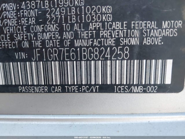 44313187 :رقم المزاد ، JF1GR7E61BG824258 vin ، 2011 Subaru Impreza Wrx Premium مزاد بيع