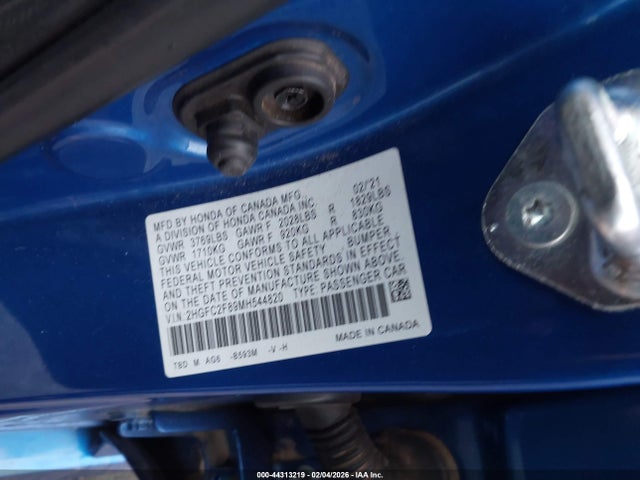 44313219 :رقم المزاد ، 2HGFC2F89MH544820 vin ، 2021 Honda Civic Sport مزاد بيع