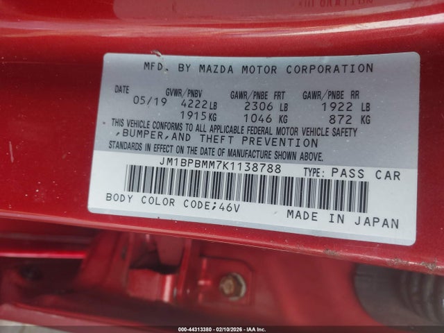 Aukcja sprzedaży 2019 Mazda Mazda3 Preferred Package, vin: JM1BPBMM7K1138788, numer aukcji: 44313380
