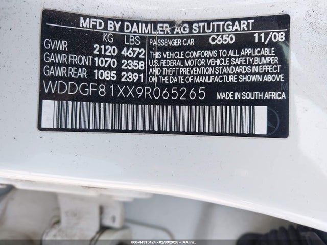 44313424 :رقم المزاد ، WDDGF81XX9R065265 vin ، 2009 Mercedes-benz C 300 Luxury 4matic مزاد بيع
