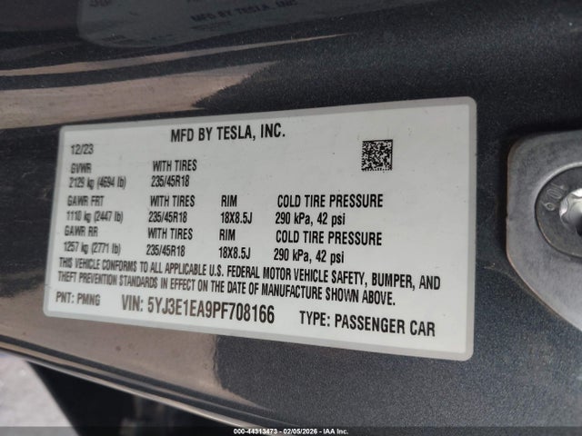 44313473 :رقم المزاد ، 5YJ3E1EA9PF708166 vin ، 2023 Tesla Model 3 Rear-wheel Drive مزاد بيع