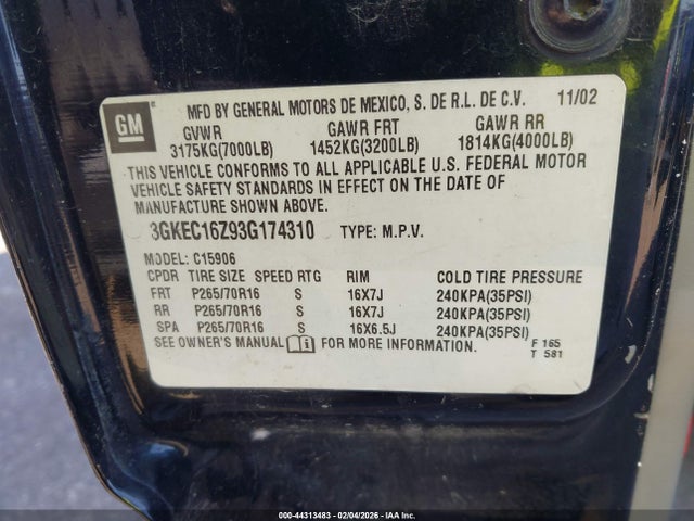 2003 Gmc Yukon Xl 1500 Slt მანქანა იყიდება აუქციონზე, vin: 3GKEC16Z93G174310, აუქციონის ნომერი: 44313483