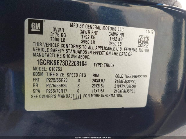 44313485 :رقم المزاد ، 1GCRKSE73DZ208104 vin ، 2013 Chevrolet Silverado 1500 Lt مزاد بيع