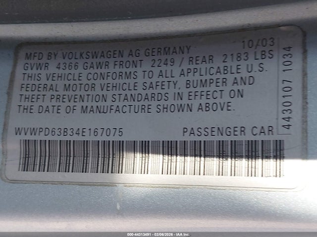 Продаж на аукціоні авто 2004 Volkswagen Passat Gls, vin: WVWPD63B34E167075, номер лоту: 44313491