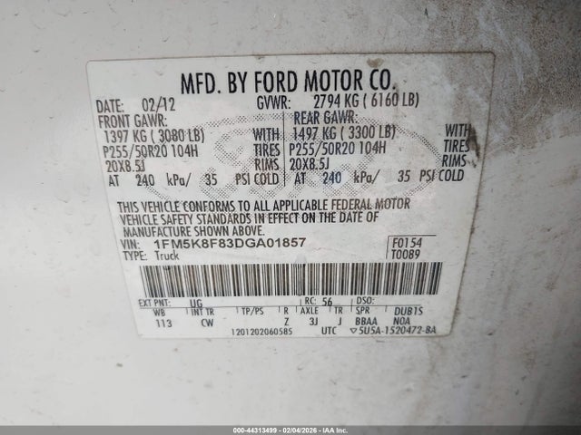 2013 Ford Explorer Limited მანქანა იყიდება აუქციონზე, vin: 1FM5K8F83DGA01857, აუქციონის ნომერი: 44313499