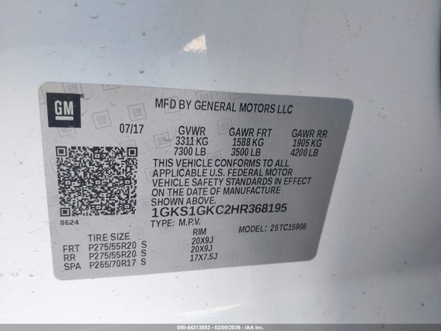 Продажа на аукционе авто 2017 Gmc Yukon Xl Slt, vin: 1GKS1GKC2HR368195, номер лота: 44313583