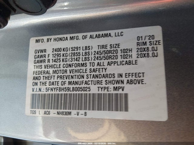 5FNYF8H59LB005025 Honda Passport Awd Ex-l