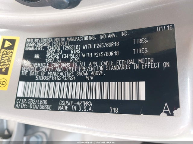 Toyota Highlander Xle V6 2016 5TDKKRFH4GS133694 Image 9
