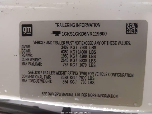 1GKS1GKD6NR119600 GMC Yukon Xl C1500 Slt