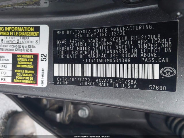 2021 TOYOTA CAMRY 4T1G11AK4MU531388 Photo 8