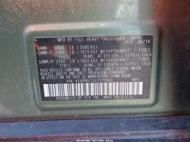 Продаж на аукціоні авто 2014 Subaru Outback 2.5i Premium, vin: 4S4BRBCC6E3320960, номер лоту: 44313697