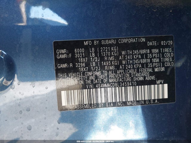 Продаж на аукціоні авто 2020 Subaru Ascent Premium, vin: 4S4WMACD8L3459410, номер лоту: 44313705