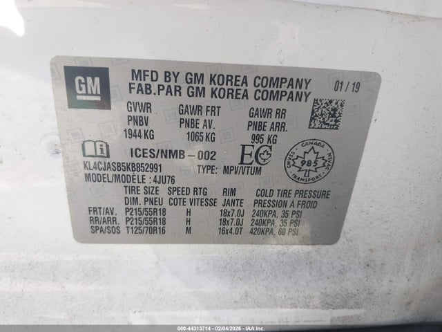 2019 Buick Encore Preferred მანქანა იყიდება აუქციონზე, vin: KL4CJASB5KB852991, აუქციონის ნომერი: 44313714