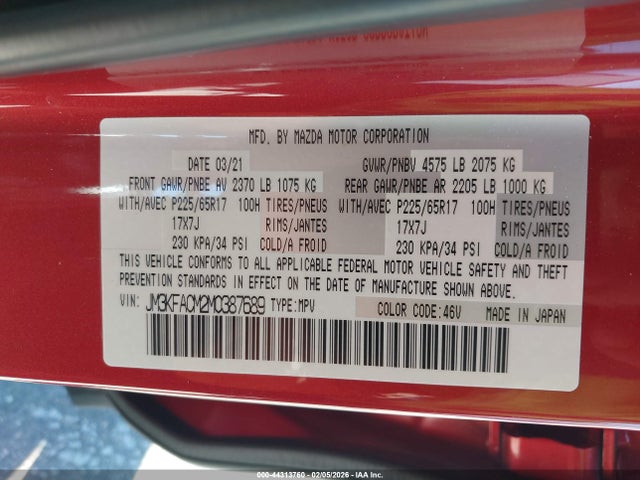 Aukcja sprzedaży 2021 Mazda Cx-5 Touring, vin: JM3KFACM2M0387689, numer aukcji: 44313760