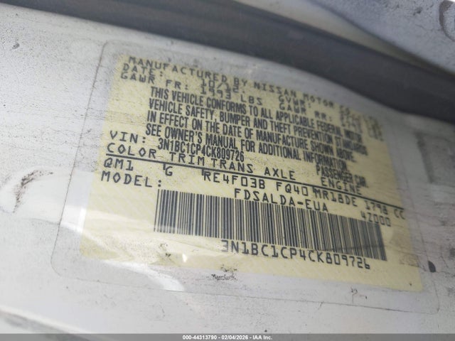 Продаж на аукціоні авто 2012 Nissan Versa 1.8 S, vin: 3N1BC1CP4CK809726, номер лоту: 44313790