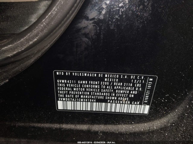 2012 Volkswagen Jetta 2.5l Se მანქანა იყიდება აუქციონზე, vin: 3VWDX7AJ1CM361944, აუქციონის ნომერი: 44313814