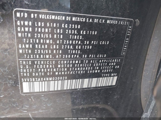 44313820 :رقم المزاد ، 3VV3B7AX4NM030829 vin ، 2022 Volkswagen Tiguan 2.0t Se مزاد بيع