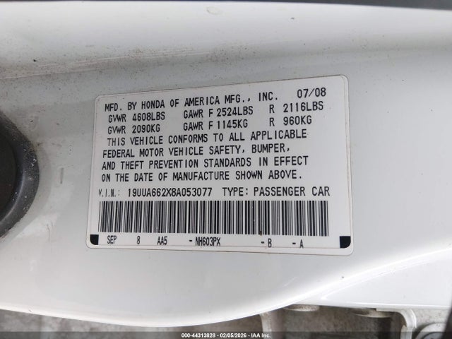 2008 Acura Tl 3.2 მანქანა იყიდება აუქციონზე, vin: 19UUA662X8A053077, აუქციონის ნომერი: 44313828