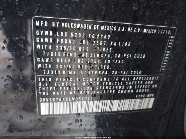 44313880 :رقم المزاد ، 3VV3B7AXXLM064075 vin ، 2020 Volkswagen Tiguan 2.0t Se/2.0t Se R-line Black/2.0t Sel مزاد بيع