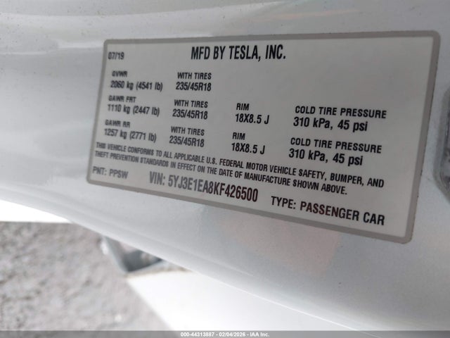 Продаж на аукціоні авто 2019 Tesla Model 3 Long Range/mid Range/standard Range/standard Range Plus, vin: 5YJ3E1EA8KF426500, номер лоту: 44313887