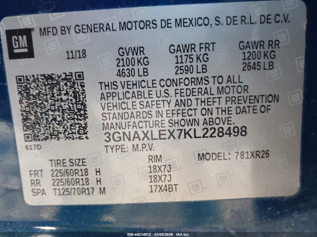 3GNAXLEX7KL228498 Chevrolet EQUINOX LT