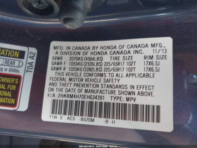 2HKRM4H70EH634391 Honda Cr-v Ex-l