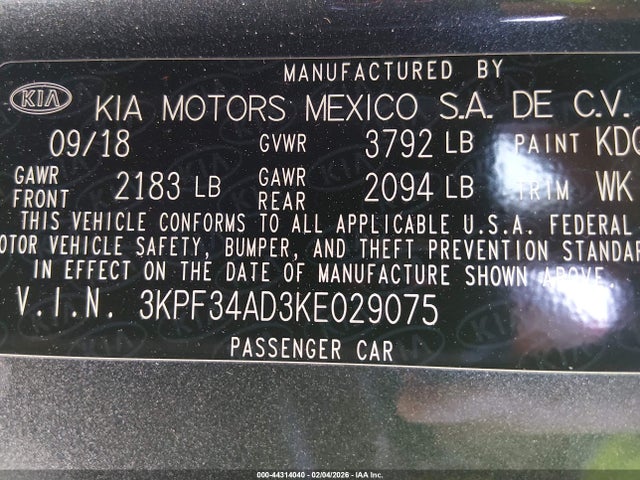 3KPF34AD3KE029075 KIA FORTE S