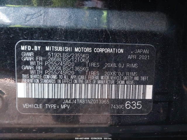 Aukcja sprzedaży 2022 Mitsubishi Outlander Es 2.5 S-awc, vin: JA4J4TA81NZ013965, numer aukcji: 44314099