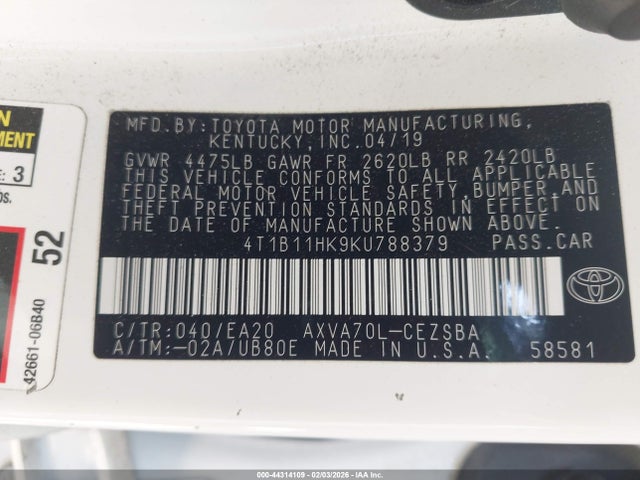 4T1B11HK9KU788379 Toyota CAMRY SE