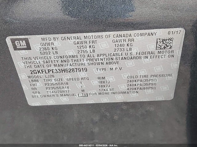 2017 Gmc Terrain Slt მანქანა იყიდება აუქციონზე, vin: 2GKFLPE33H6287919, აუქციონის ნომერი: 44314211
