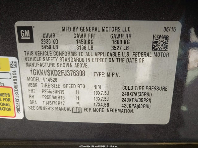 Aukcja sprzedaży 2015 Gmc Acadia Slt-2, vin: 1GKKVSKD2FJ376308, numer aukcji: 44314226