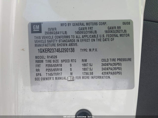 44314359 :رقم المزاد ، 1GKER23748J290138 vin ، 2008 Gmc Acadia Slt-1 مزاد بيع