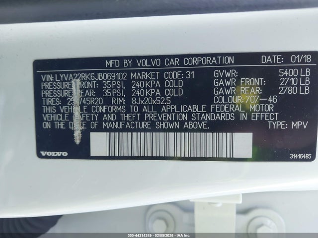 44314389 :رقم المزاد ، LYVA22RK6JB069102 vin ، 2018 Volvo Xc60 T6 Momentum مزاد بيع