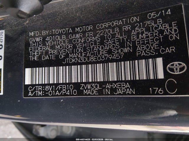 JTDKN3DU8E0379457 Toyota Prius Three