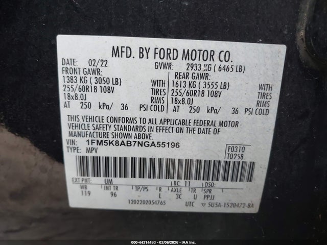 1FM5K8AB7NGA55196 Ford Police Interceptor Utility