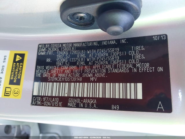 Auction sale of the 2013 Toyota Highlander Limited V6, vin: 5TDYK3EH1DS139148, lot number: 44314504