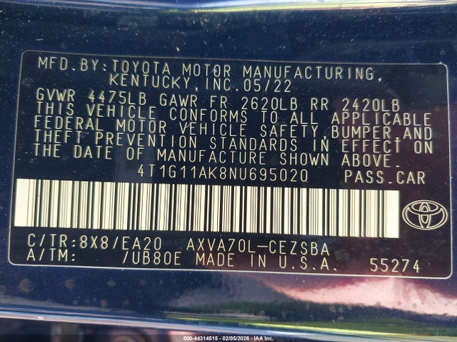 4T1G11AK8NU695020 Toyota CAMRY SE