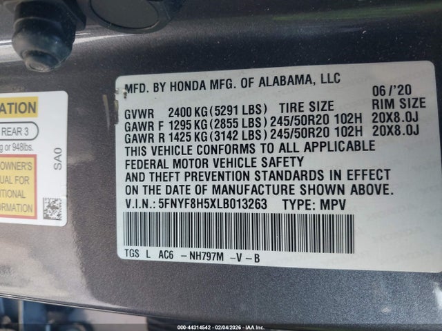 Auction sale of the 2020 Honda Passport Awd Ex-l, vin: 5FNYF8H5XLB013263, lot number: 44314542