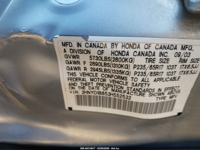 2003 Acura Mdx მანქანა იყიდება აუქციონზე, vin: 2HNYD18853H552532, აუქციონის ნომერი: 44314617