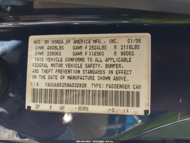 2008 Acura Tl 3.2 მანქანა იყიდება აუქციონზე, vin: 19UUA66258A032928, აუქციონის ნომერი: 44314625