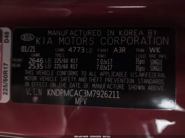 Aukcja sprzedaży 2021 Kia Sportage Lx, vin: KNDPMCAC3M7926211, numer aukcji: 44314639