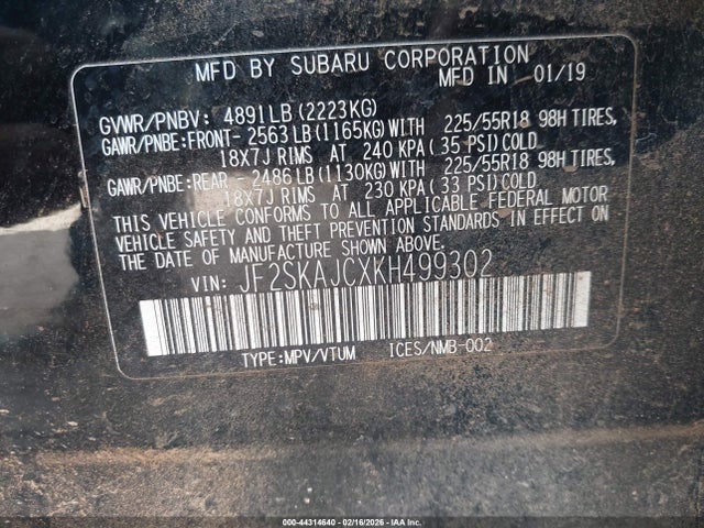 44314640 :رقم المزاد ، JF2SKAJCXKH499302 vin ، 2019 Subaru Forester Sport مزاد بيع