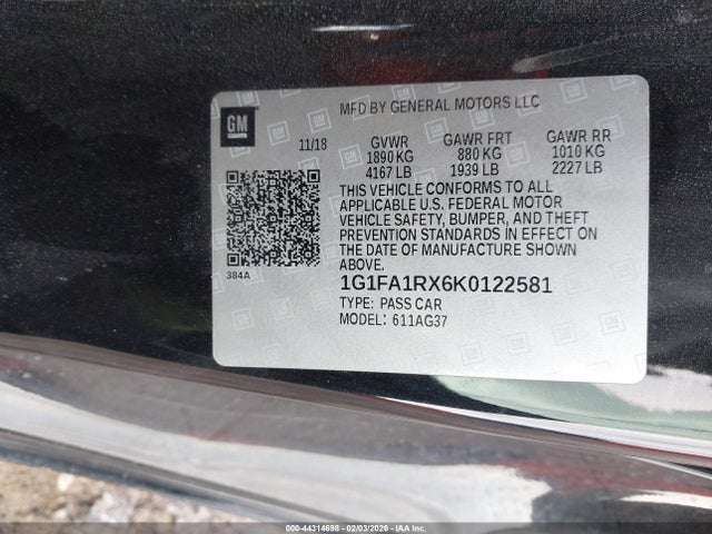 Продажа на аукционе авто 2019 Chevrolet Camaro 1lt, vin: 1G1FA1RX6K0122581, номер лота: 44314698
