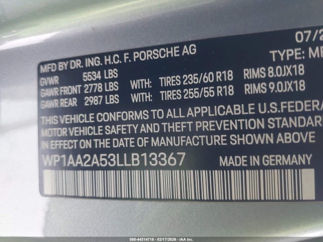 44314718 :رقم المزاد ، WP1AA2A53LLB13367 vin ، 2020 Porsche Macan مزاد بيع